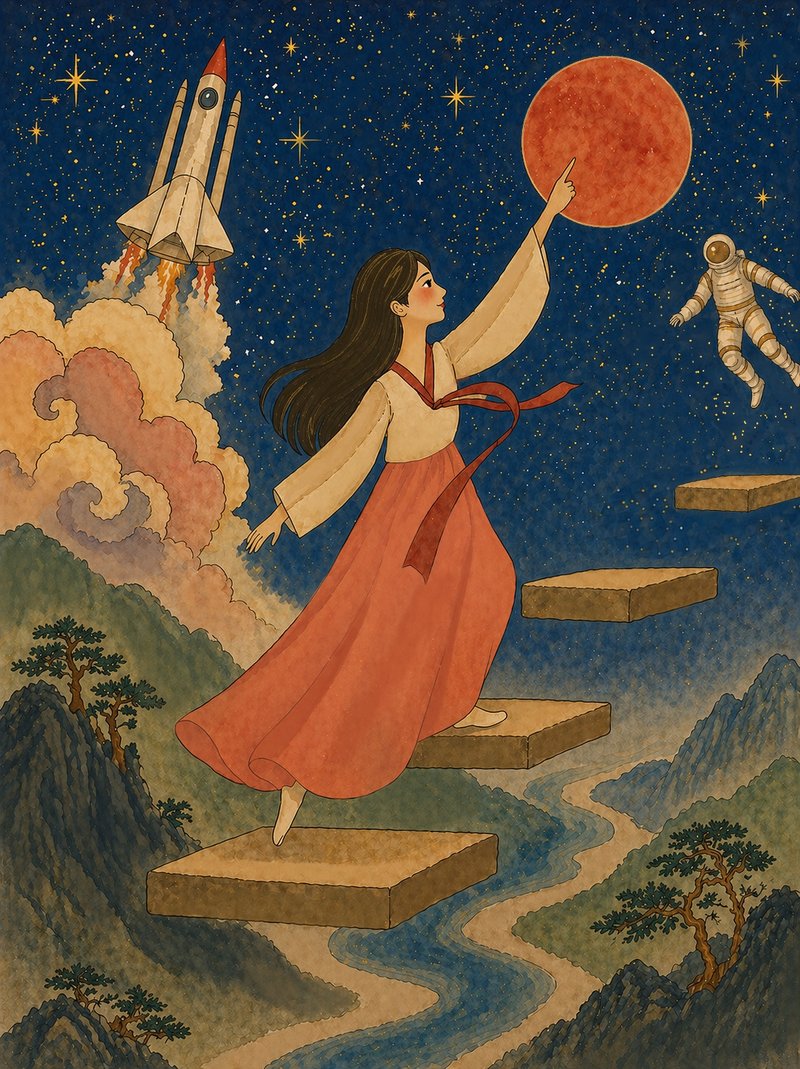 Ascending — a woman climbing floating steps toward a red moon.