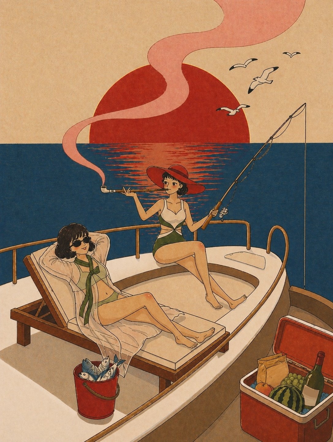 Crossing — two women on a small boat in front of a red sun rising on the sea. One reclines in a striped robe smoking a pipe; the other holds a fishing rod. Gulls drift above.