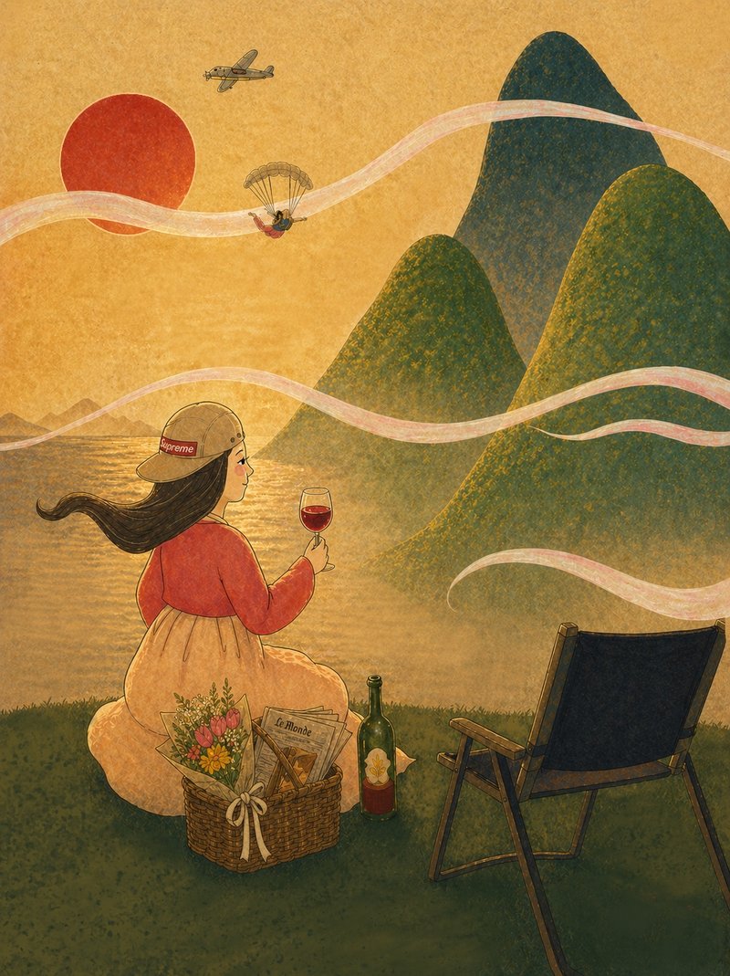 Open Landscape — a woman picnicking before green mountains and a red sun.