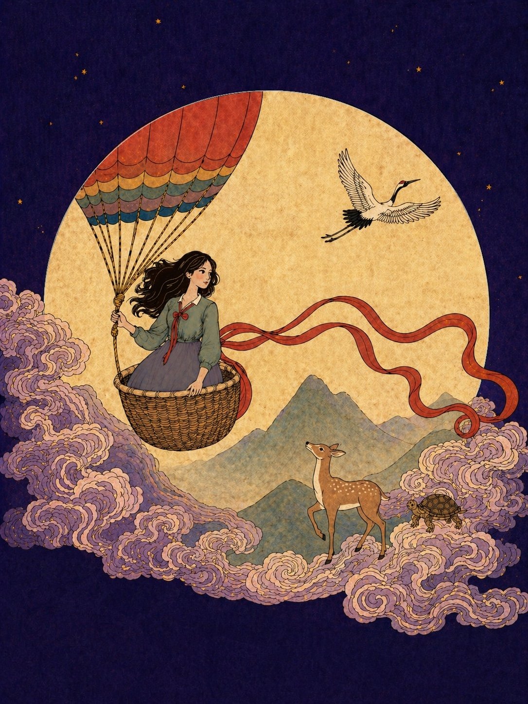 Sky Crossing — a woman with long hair rides a striped hot-air balloon past mountains under a yellow moon. A crane flies past; a deer and turtle stand in violet clouds below.