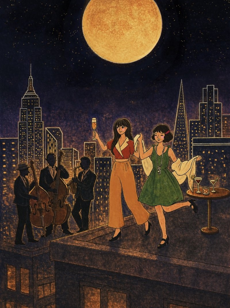 Moonlit City — two women dancing on a rooftop under a yellow moon.