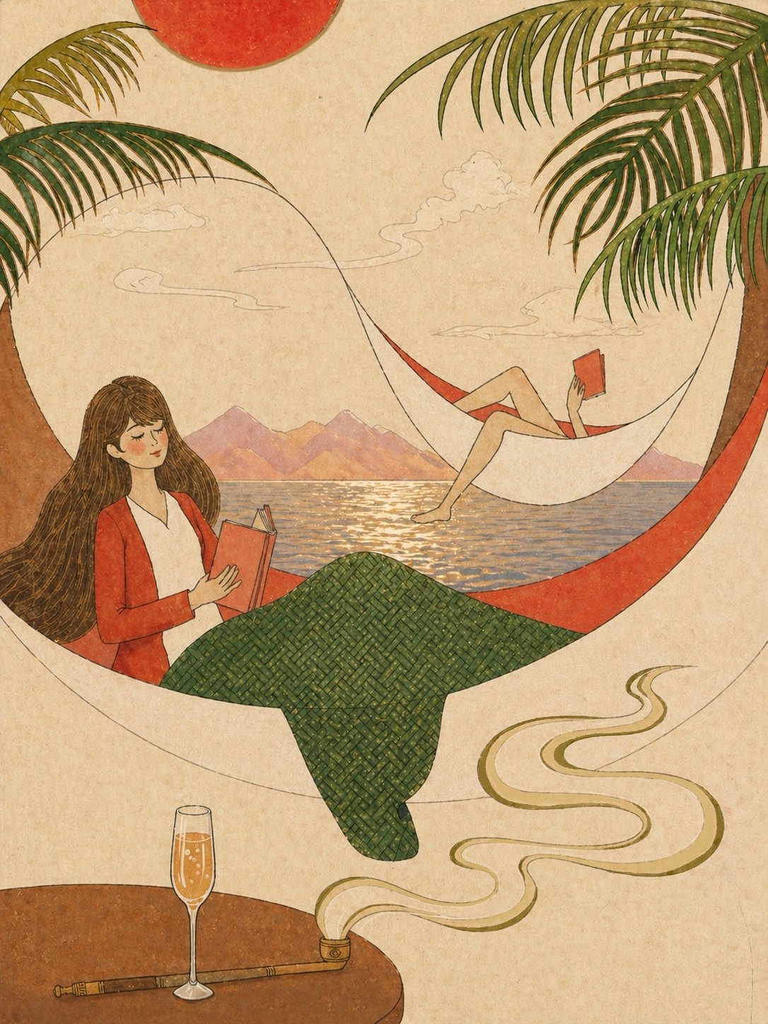 Rest by Water — two women rest in hammocks beneath palms by a calm sea. One reads a small red book; a long pipe and champagne sit on a low table.